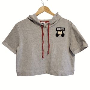 DISNEY Hoodie Crop Top - Grey, Mickey Mouse (Large)